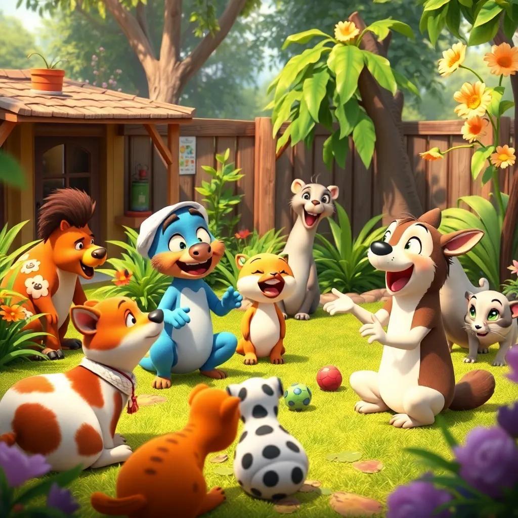 A playful scene where all animal friends, including Fadi and Sami, are playing games in the garden, showing laughter and fun while remembering the lesson of respect, vibrant and engaging