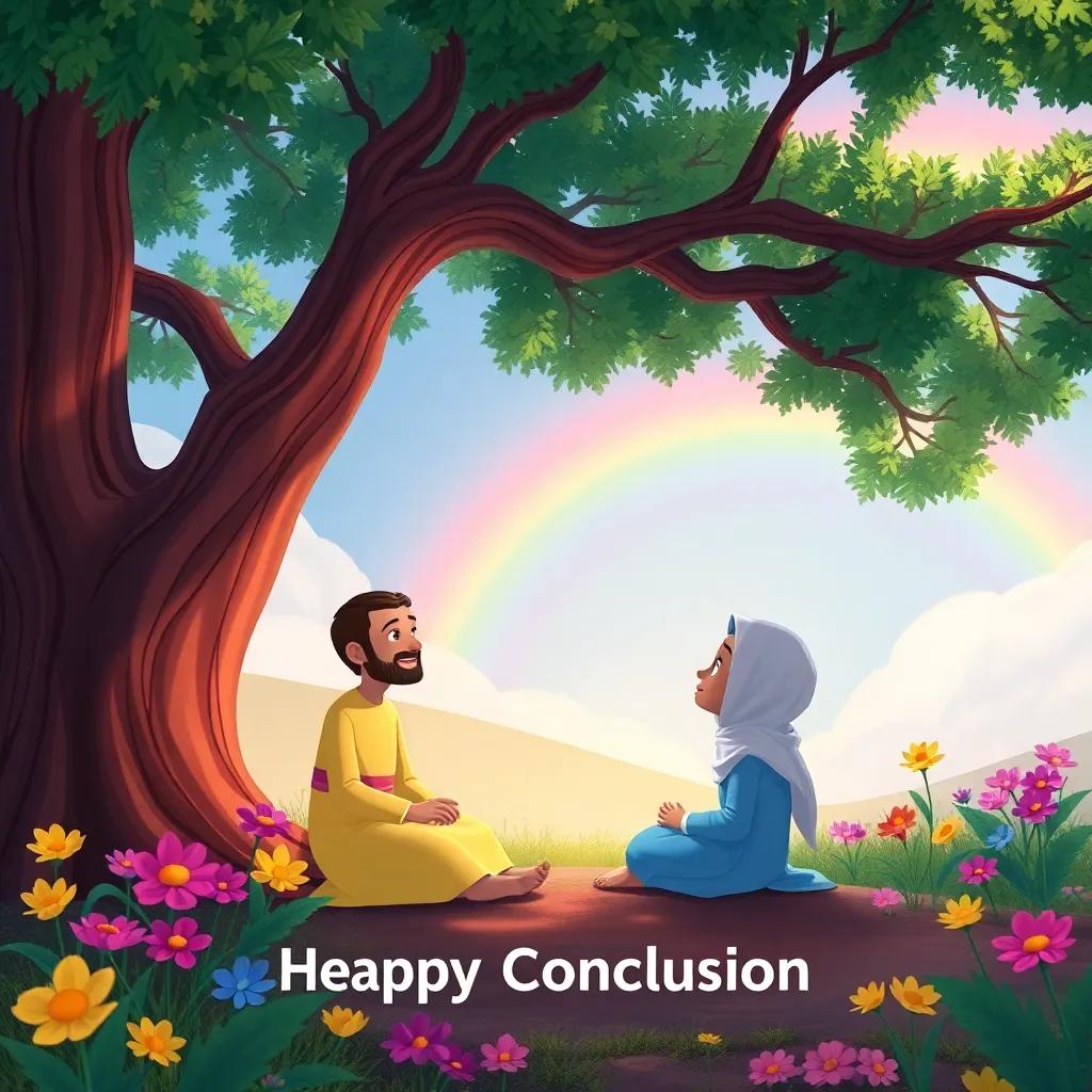 A happy conclusion scene with Fadi and Sami sitting under a big tree discussing their friendship, colorful flowers around and a rainbow in the sky, heartwarming and charming, children's illustration