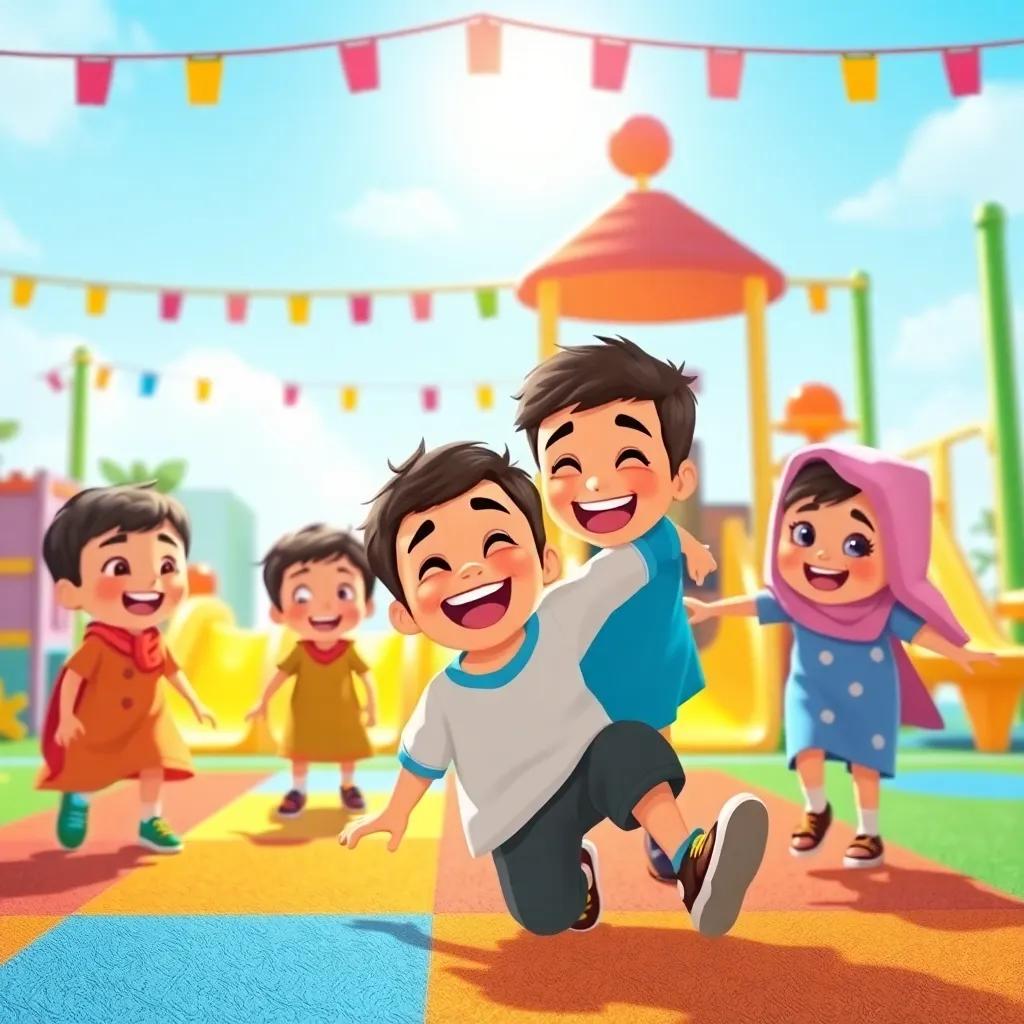 A group of happy young Arabic children playing in a colorful kindergarten playground, with one child, Sami, falling down, laughter and surprise on the faces of the other children, vibrant atmosphere, cheerful colors, bright sunlight, joyful scene, detailed illustration.