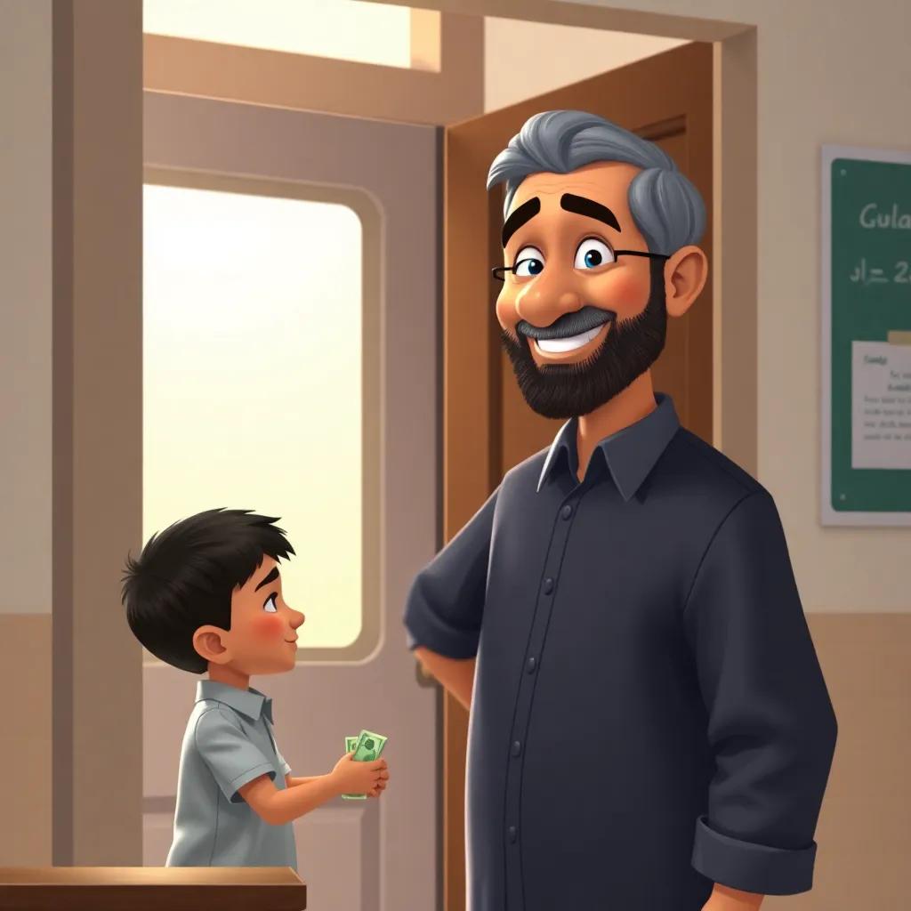 Mr. Ahmed, a middle-aged man with a kind face and a gentle smile, standing by the classroom door, handing money to a young boy, Mohammed, light coming from the window, heartwarming scene