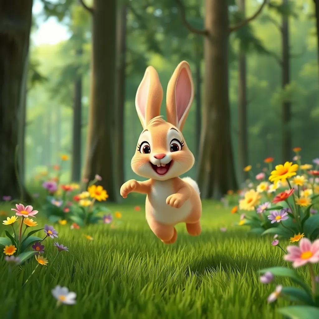 A small, light brown rabbit named "Saree", with long ears and a joyful expression, running in a green forest filled with tall trees and colorful flowers, digital art, vibrant colors, cheerful atmosphere, high quality