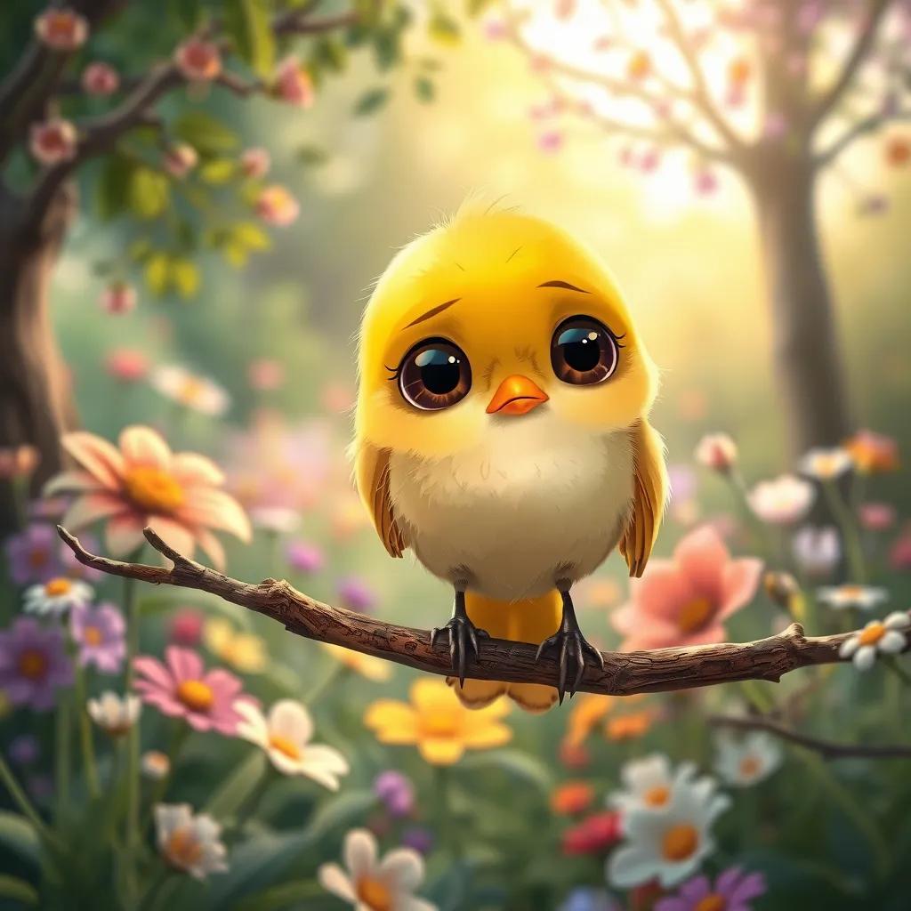 A small yellow bird, looking sad on a branch, with big eyes, and little feathers, in a beautiful garden with flowers and trees around, illustration, soft light, gentle colors, heartwarming, captivating scene