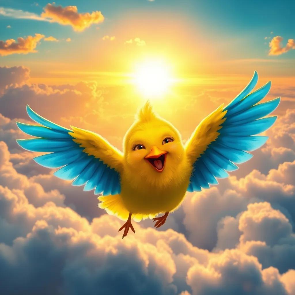 The yellow bird, now flying high in the sky, with bright blue wings and a big smile, surrounded by fluffy clouds, a beautiful sunset in the background, digital painting, uplifting, colorful, joyful scene