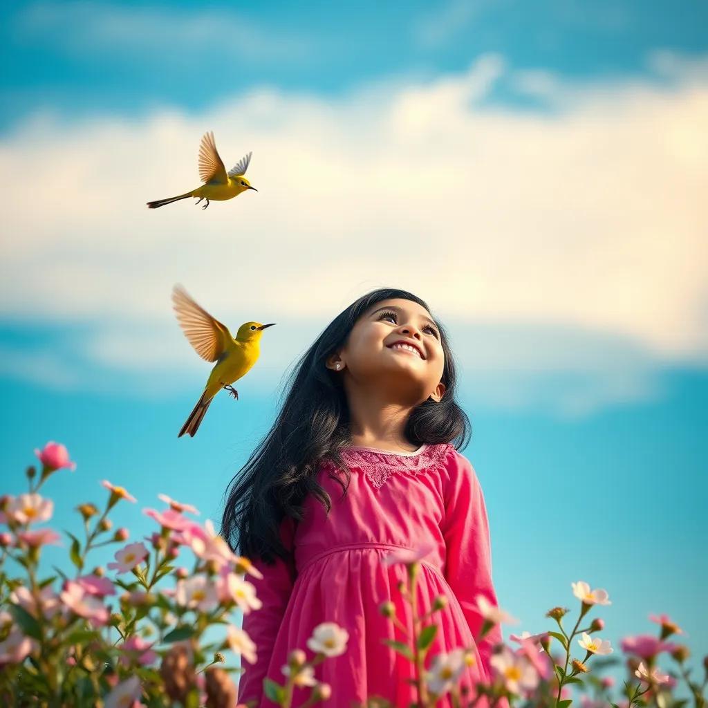 Maha, a young Arab girl with long black hair in a bright pink dress, happily watching the yellow bird singing to her, with flowers blooming around and a clear blue sky, heartwarming, vibrant, peaceful atmosphere