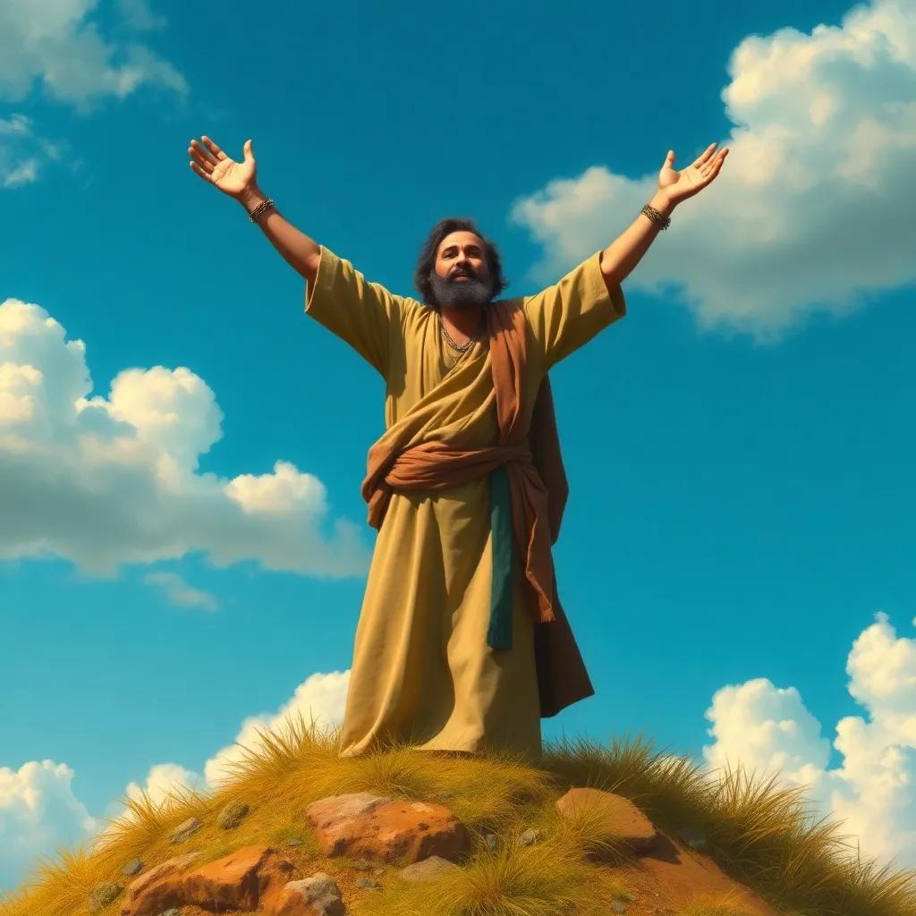 A wise ancient man, dressed in simple traditional clothes, standing on a hilltop with arms raised towards the sky, calling out to the villagers below, with clouds and a blue sky in the background, digital art, warm colors, inspirational feeling, high quality