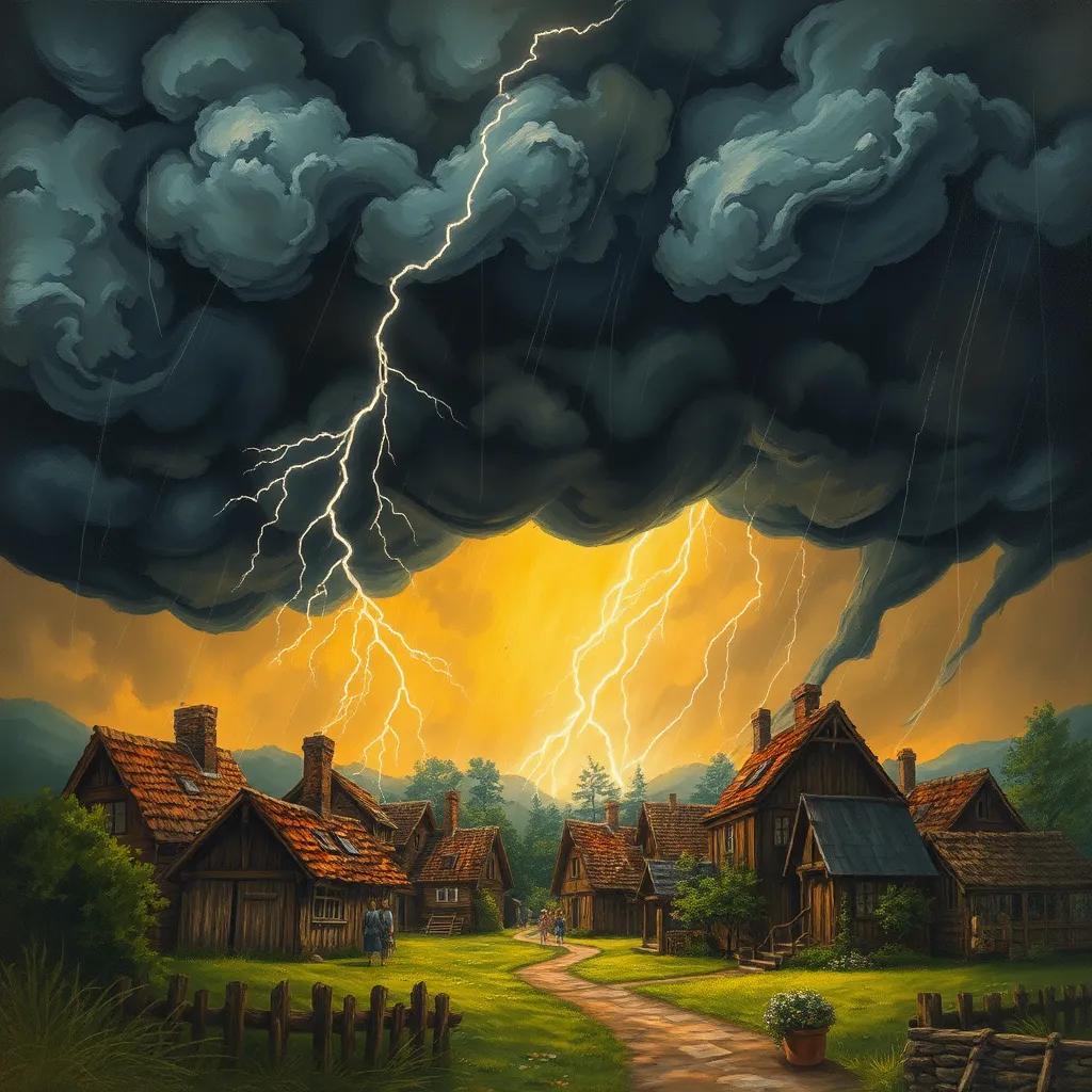 A powerful storm raging over a village, with dark clouds and lightning striking, the houses being battered by wind and rain, villagers looking worried but hopeful, dramatic illustration, strong contrast, emotional depth, high quality