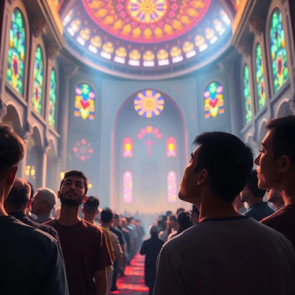 A scene of people gathered in a large mosque, with a worried expression while praying and looking towards the ceiling. The atmosphere is filled with a feeling of hope and despair, colorful stained glass windows illuminating the room, digital art, vibrant colors, warm light, perspective from the center of the room.