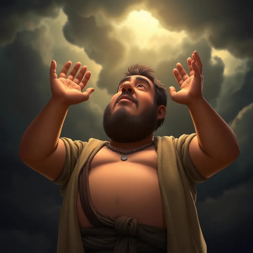 A man with a round belly, small nose, and tattered clothing, raising his hands to the sky in a gesture of prayer. The dark clouds begin to form overhead, with a feeling of urgency and connection to the divine, illustration, dramatic lighting, high detail, focusing on the man's emotion.