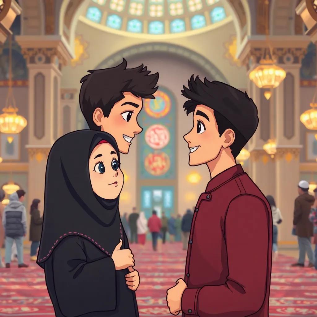 A young Arab girl, سناء, in a black niqab, talking with a handsome young man in a mosque after prayer, surrounded by other worshippers and beautiful lights, illustration, cheerful, inviting setting, child-friendly