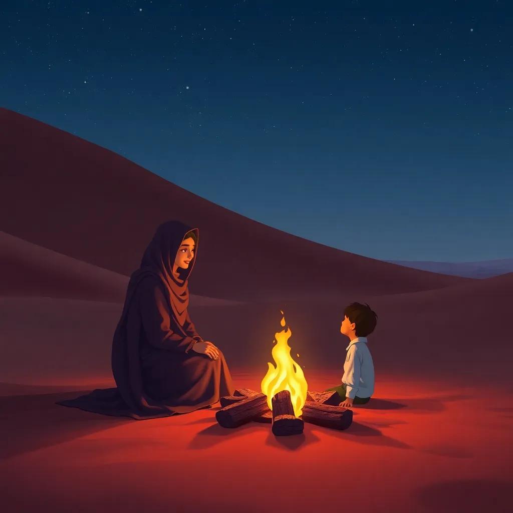 A desert scene at night, with a warm fire where a Bedouin woman speaks to a small boy, stars twinkling in the clear sky, digital illustration, warm colors, inviting atmosphere, high quality
