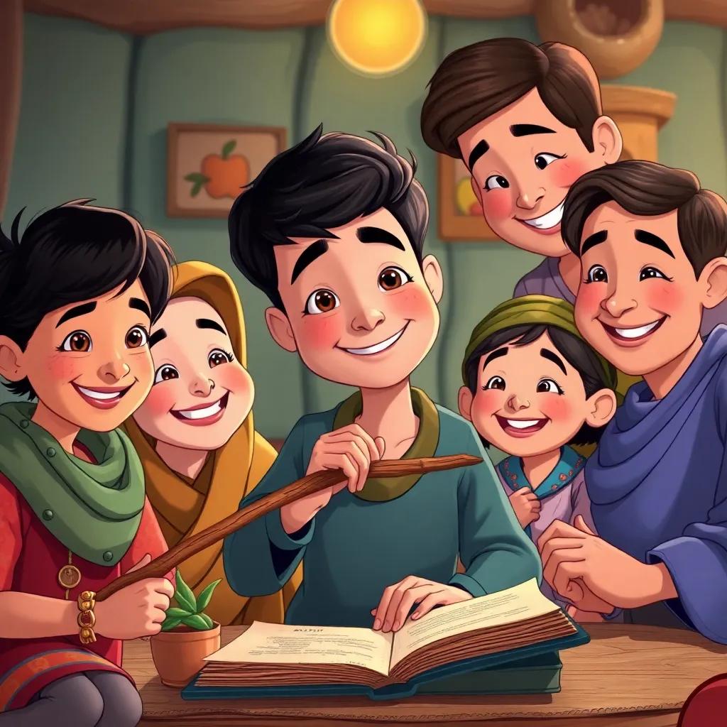 A young boy named Aref, crafting a story with a wooden stick, surrounded by family and friends, everyone smiling and happy, illustration, cheerful, cozy setting, vibrant colors