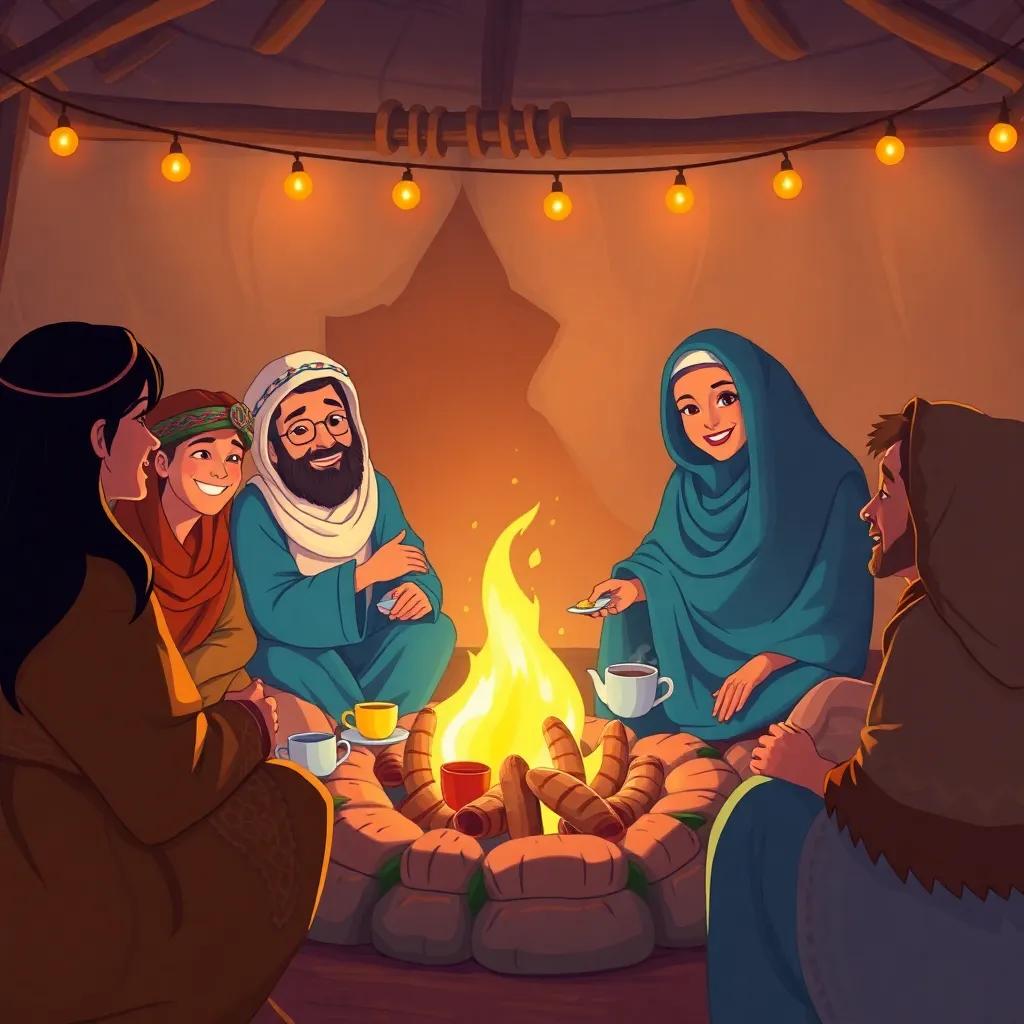 A cozy gathering of friends around a fire, the Bedouin woman serving tea and fresh bread, a welcoming atmosphere filled with laughter, warm light, illustration, heartwarming, friendly gatherings