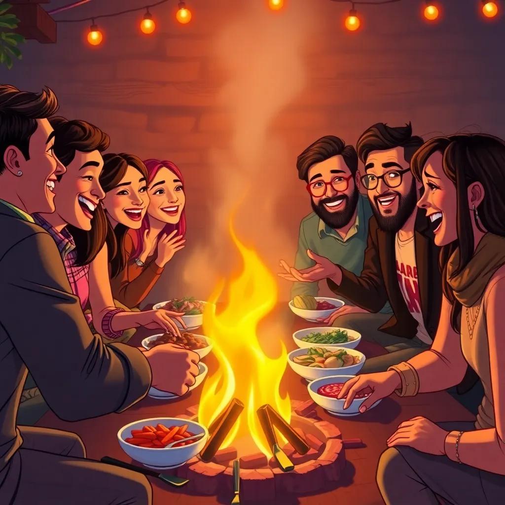 A group of friends enjoying a meal together, laughter in the air, sharing joy and food around a fire, with delicious dishes presented, colorful, warm ambiance, detailed artwork