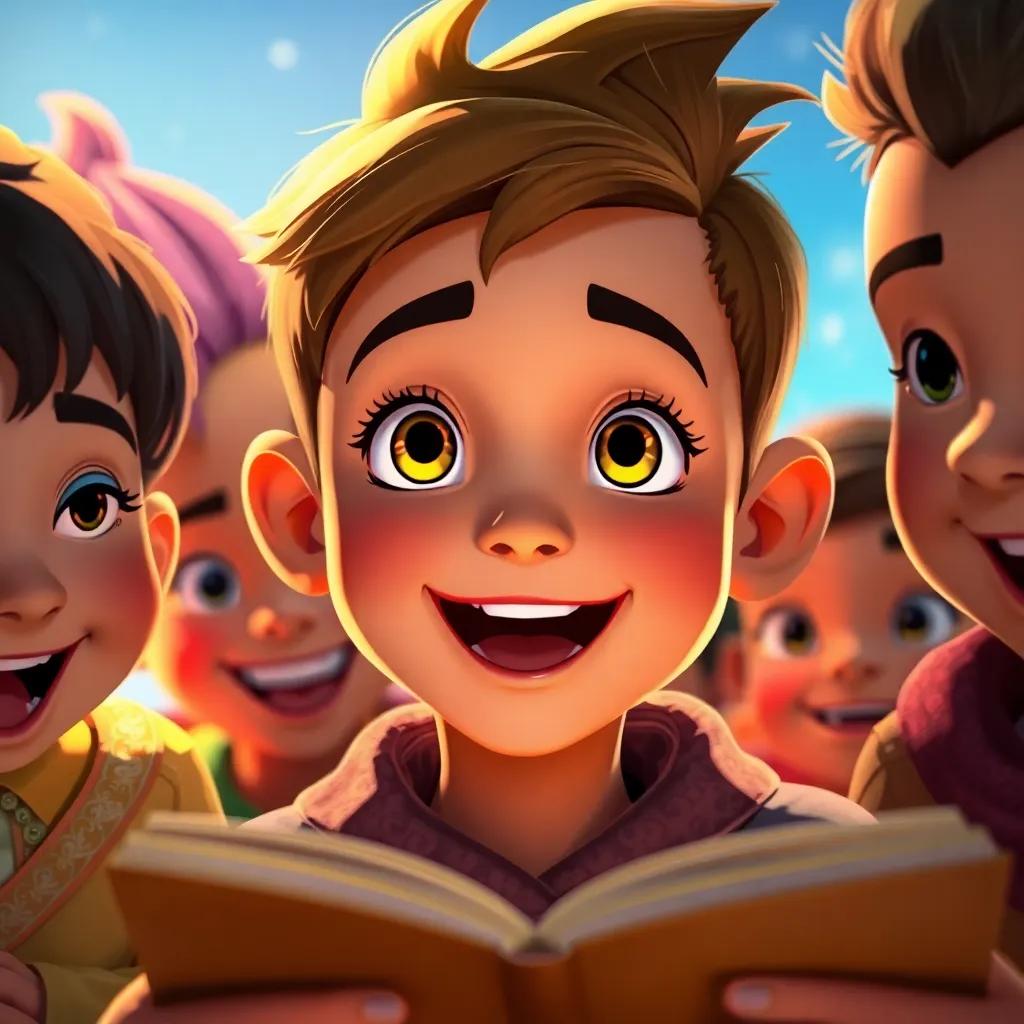 A close-up of a boy Aref with bright eyes, enjoying a story, surrounded by friends, showing excitement and wonder, vibrant colors, joyful expression, illustration