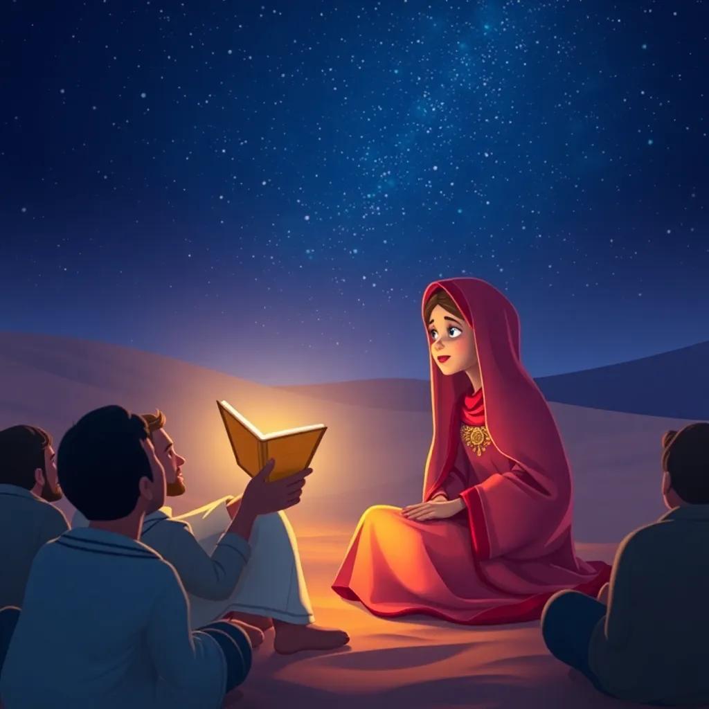 A Bedouin woman telling old stories beneath the stars, with a captivated audience, representing love and friendship in the desert night, digital art, soothing colors, dreamy setting