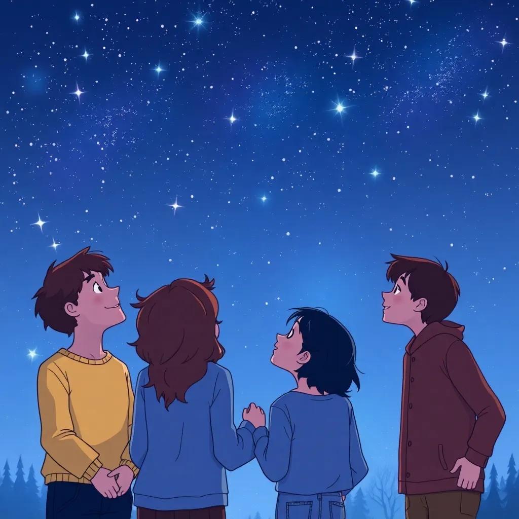 A peaceful night with bright stars in the sky, the group of friends together looking up, sharing their emotions, heartwarming scene, illustration, beautiful night sky