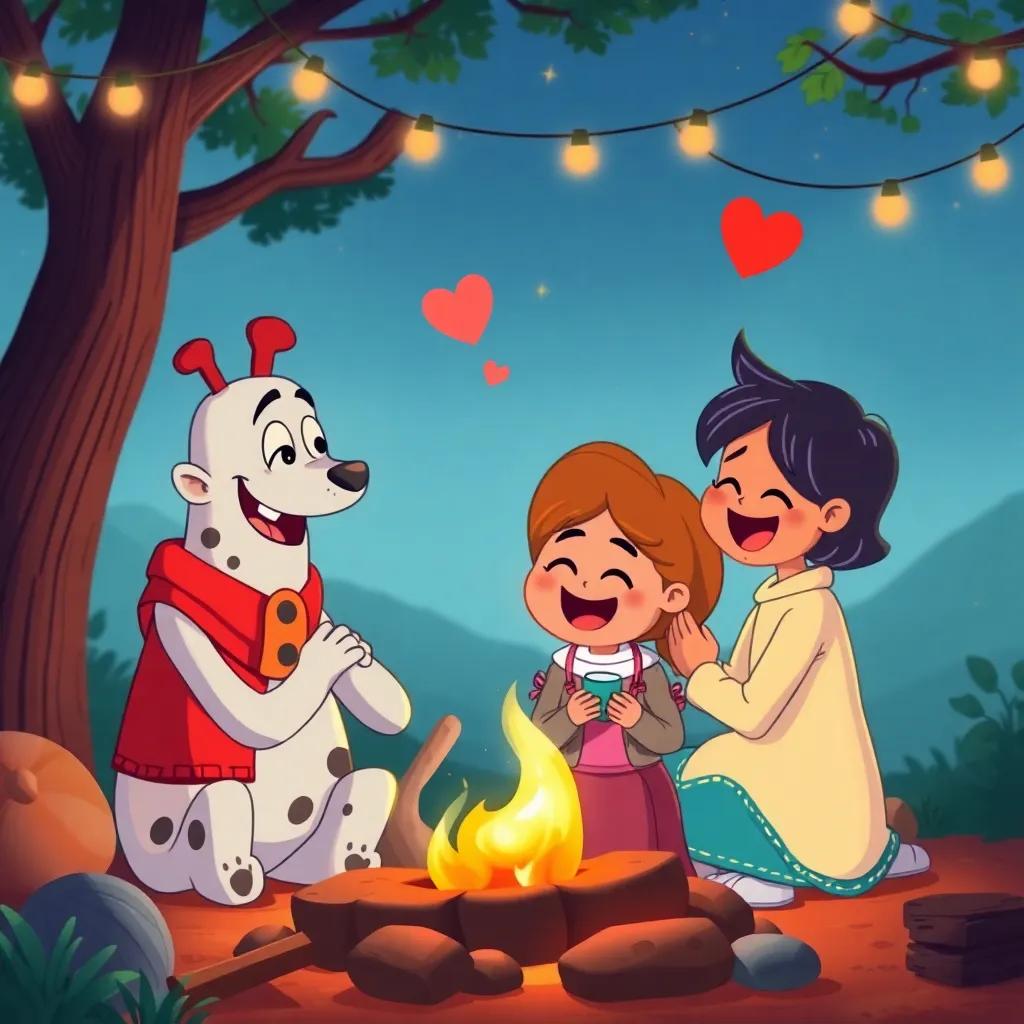 A cheerful moment with Aref expressing love to his friends and family, a warm campfire glowing, representing warmth and togetherness, cozy illustration, vibrant colors