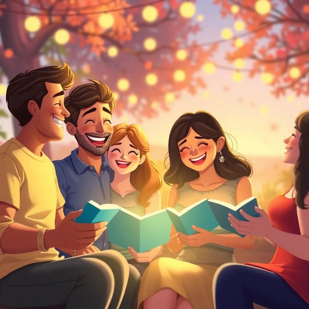 A gathering of close friends sharing stories and laughter, warmth radiating from their hearts, illustrating the essence of connection and love, warm light, charming scenery