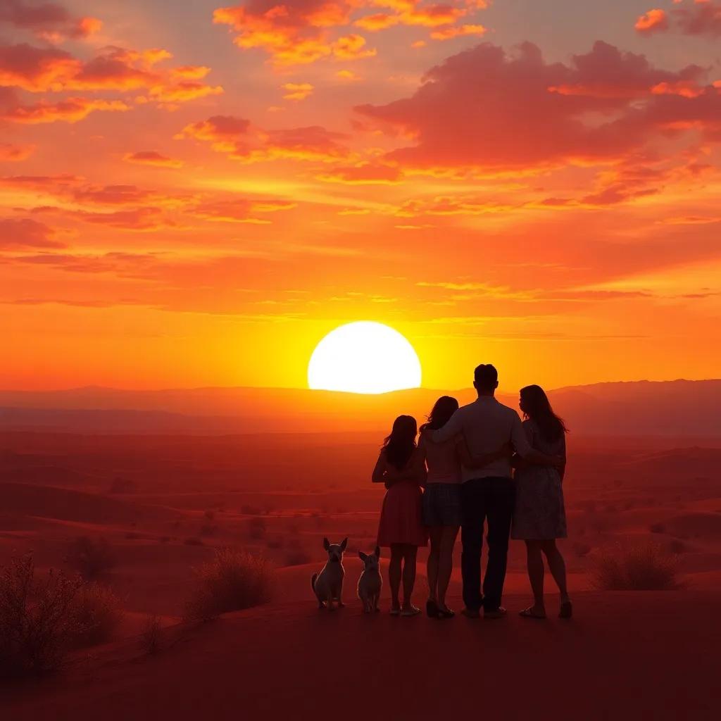 A beautiful sunset over a desert landscape, symbolizing warmth and love, with silhouettes of friends and family embracing their bond, artistic representation, stunning colors, high quality