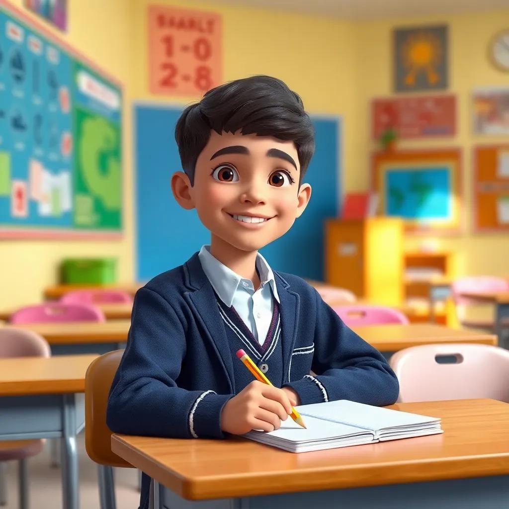 Sami, a young Arab boy, with short, dark hair wearing a school uniform, sitting at a desk with a clean notebook and pencil, smiling proudly, colorful classroom, digital art, cheerful atmosphere, high quality
