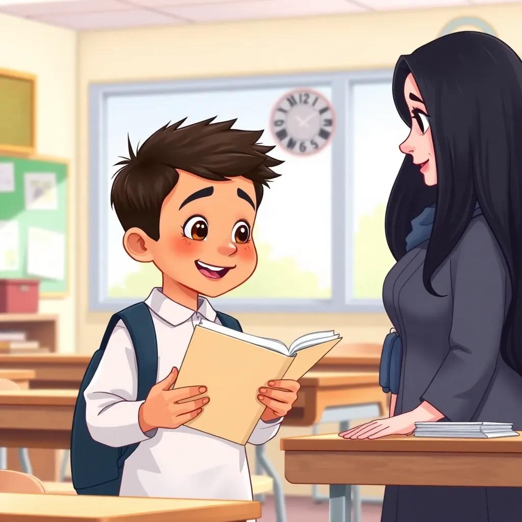 Sami, a young Arab boy, with short, dark hair in a school uniform, eagerly showing his clean notebook to teacher Fatima, who has long black hair, wearing a professional outfit, bright and welcoming classroom, detailed illustration, engaging scene, vibrant colors, child-friendly