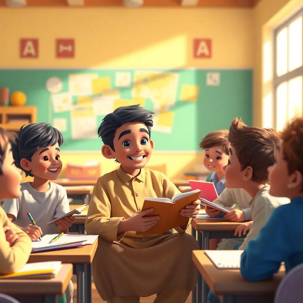 Sami, a young Arab boy, sitting with friends in a colorful classroom, encouraging them to tidy their notebooks, everyone is laughing, with pencils and papers around, joyful atmosphere, digital painting, warm light, high quality