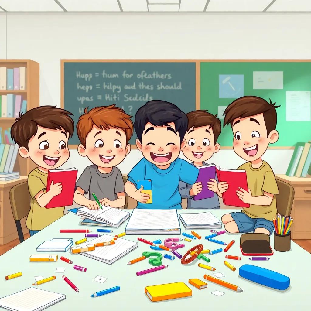 Children, including Sami and his friends, enthusiastically cleaning their notebooks together in the classroom, colorful supplies scattered, joyful expressions, sense of teamwork, illustration, lively colors, engaging composition