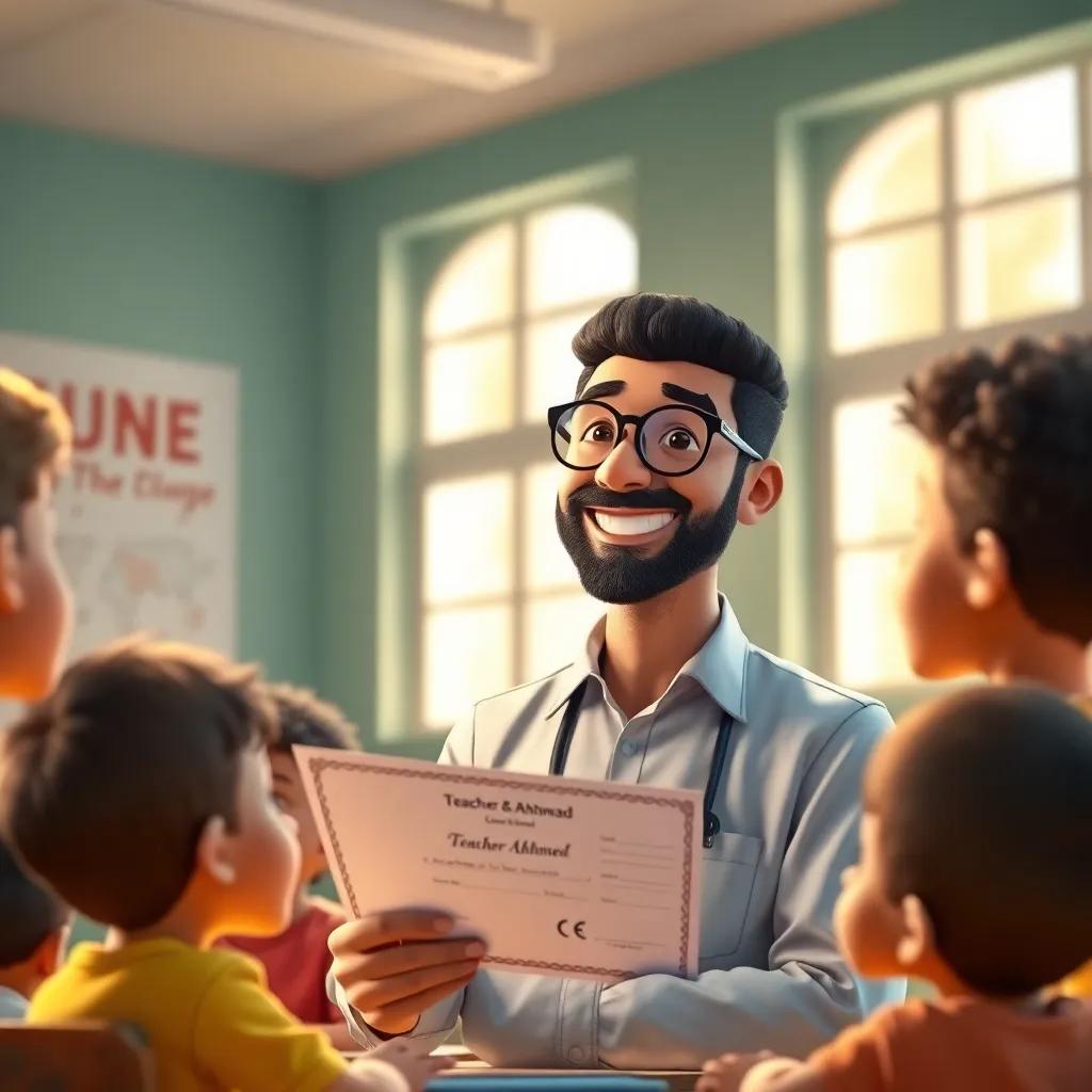 Teacher Ahmed, a middle-aged Arab man with short, curly hair and glasses, smiling at children, in a classroom setting, showing a certificate to the excited kids, warm sunlight through windows, friendly environment, highly detailed digital art