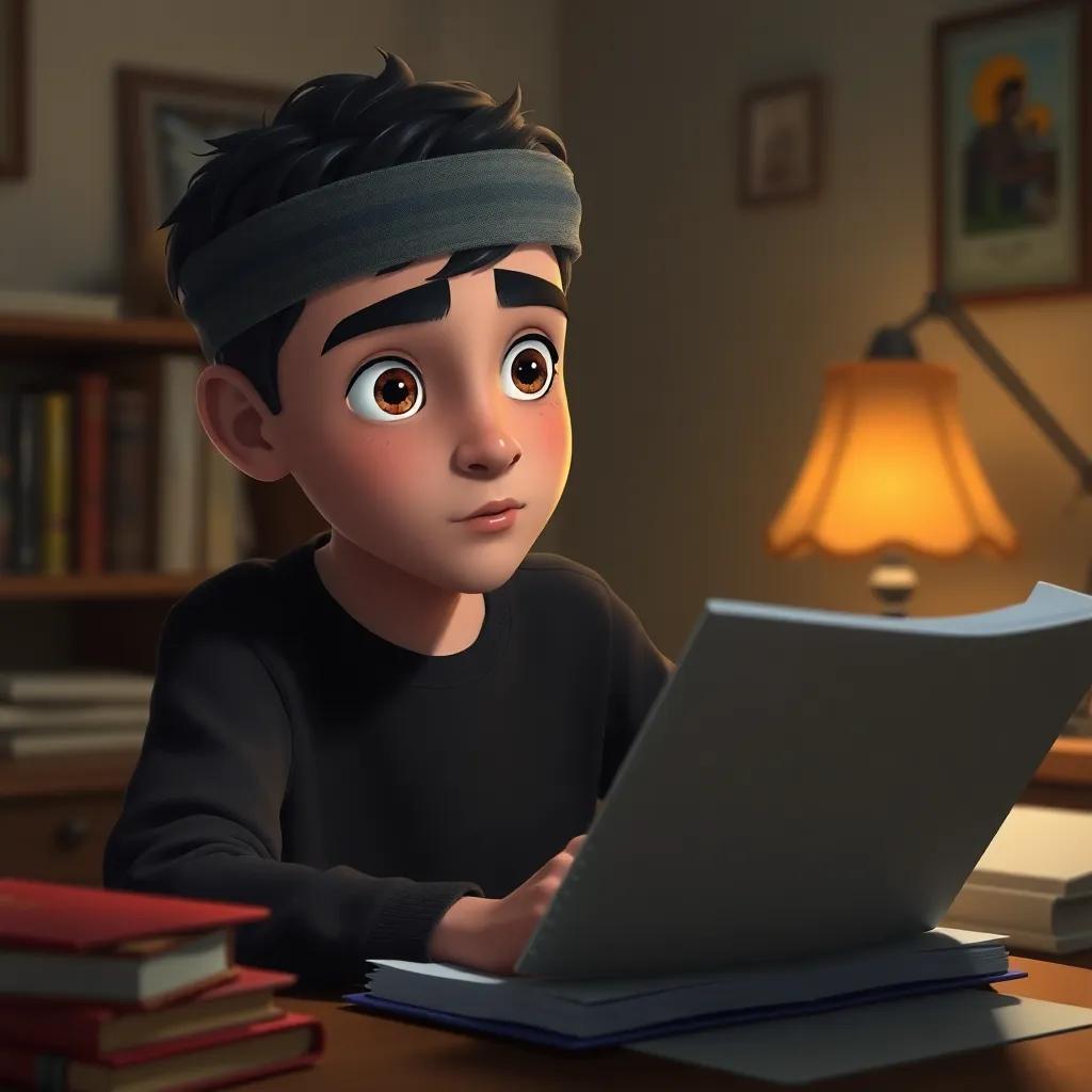 Sami, a young Arab boy with bright eyes, looking at his clean notebook at home, pondering while sitting at a desk with some books, warm light coming from a lamp, cozy atmosphere, digital painting, thoughtful expression