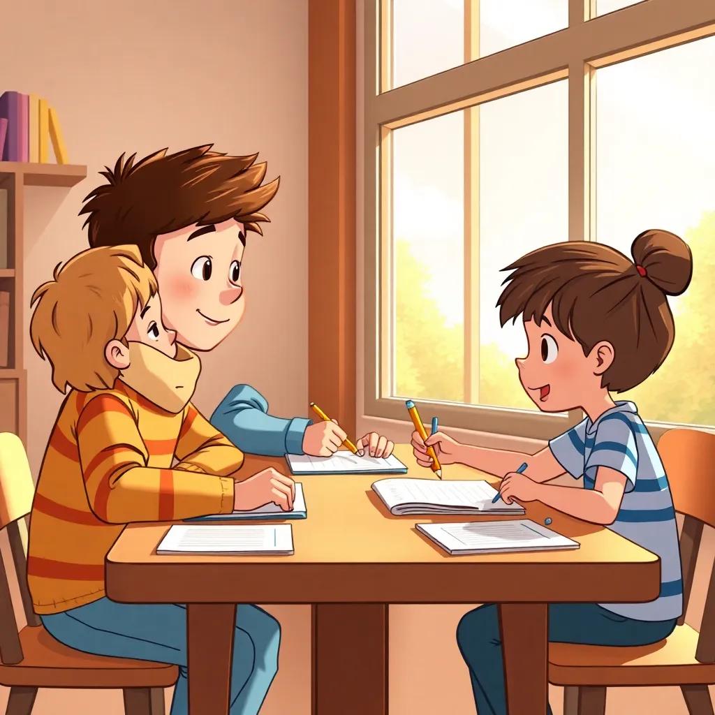 An inspiring scene of Sami helping his friends improve their handwriting, sitting together at a table with notebooks and pencils, bright and sunny day outside a window, positive vibes, child-friendly illustration, warm colors