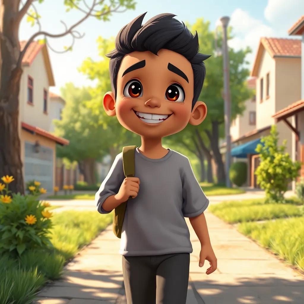 Sami, a young Arab boy walking home with a big smile on his face, thinking about improving himself and helping others, surroundings of a neighborhood with trees and sunshine, heartwarming scene, digital art, high quality