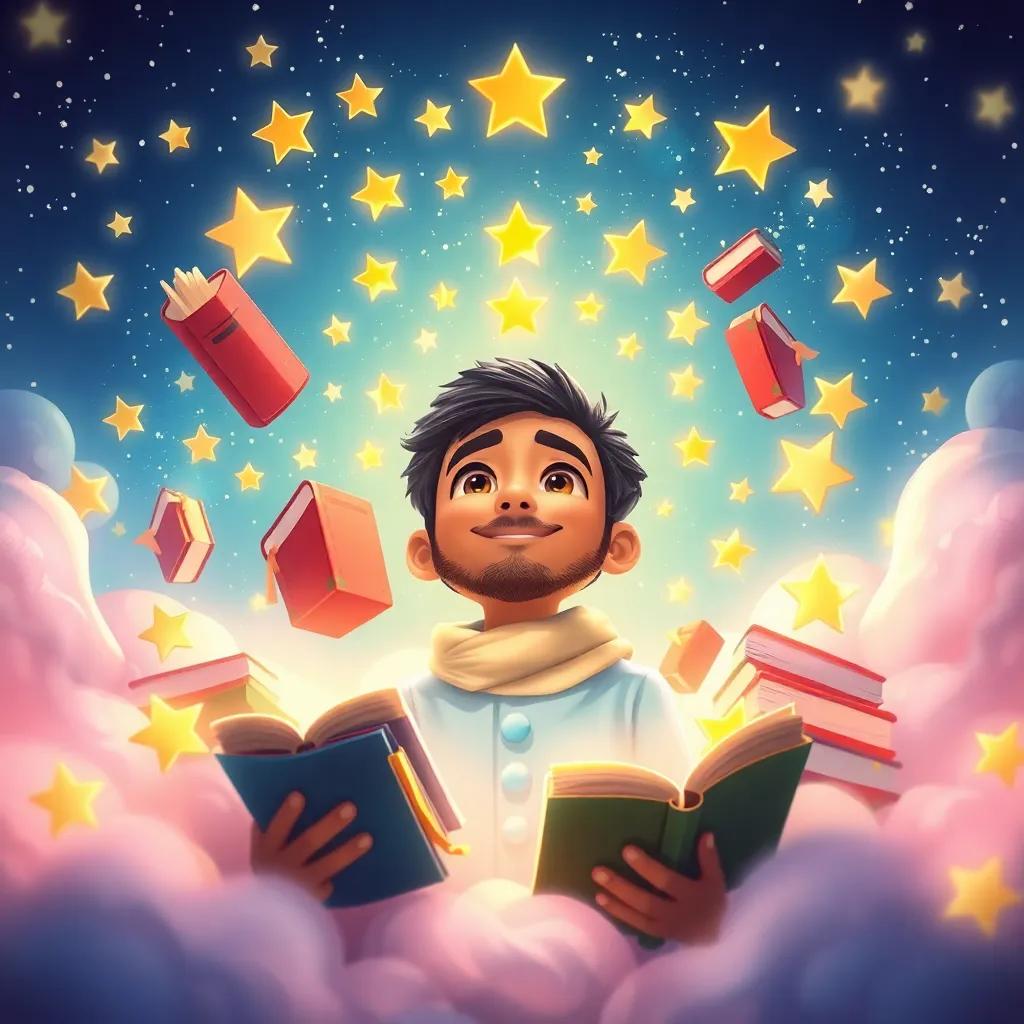 A dream-like scene with Sami surrounded by stars and books floating around him, symbolizing his aspirations of improvement and helping friends, bright and colorful, magical atmosphere, highly detailed digital painting, engaging and imaginative