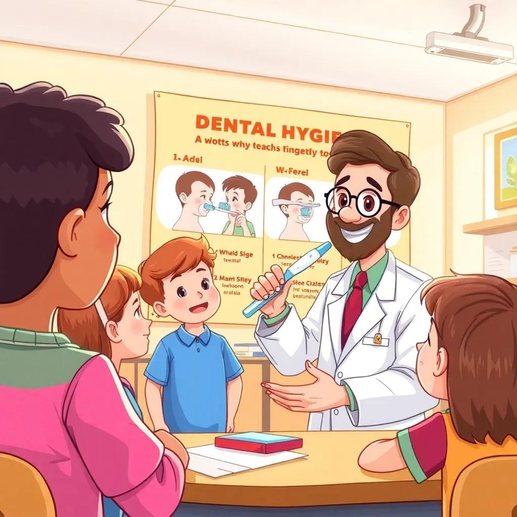 Dr. Adel teaching students about dental hygiene with a toothbrush and toothpaste, a large poster showing the correct brushing technique in the background, vibrant classroom setting, inviting light, colorful materials, educational theme, high quality