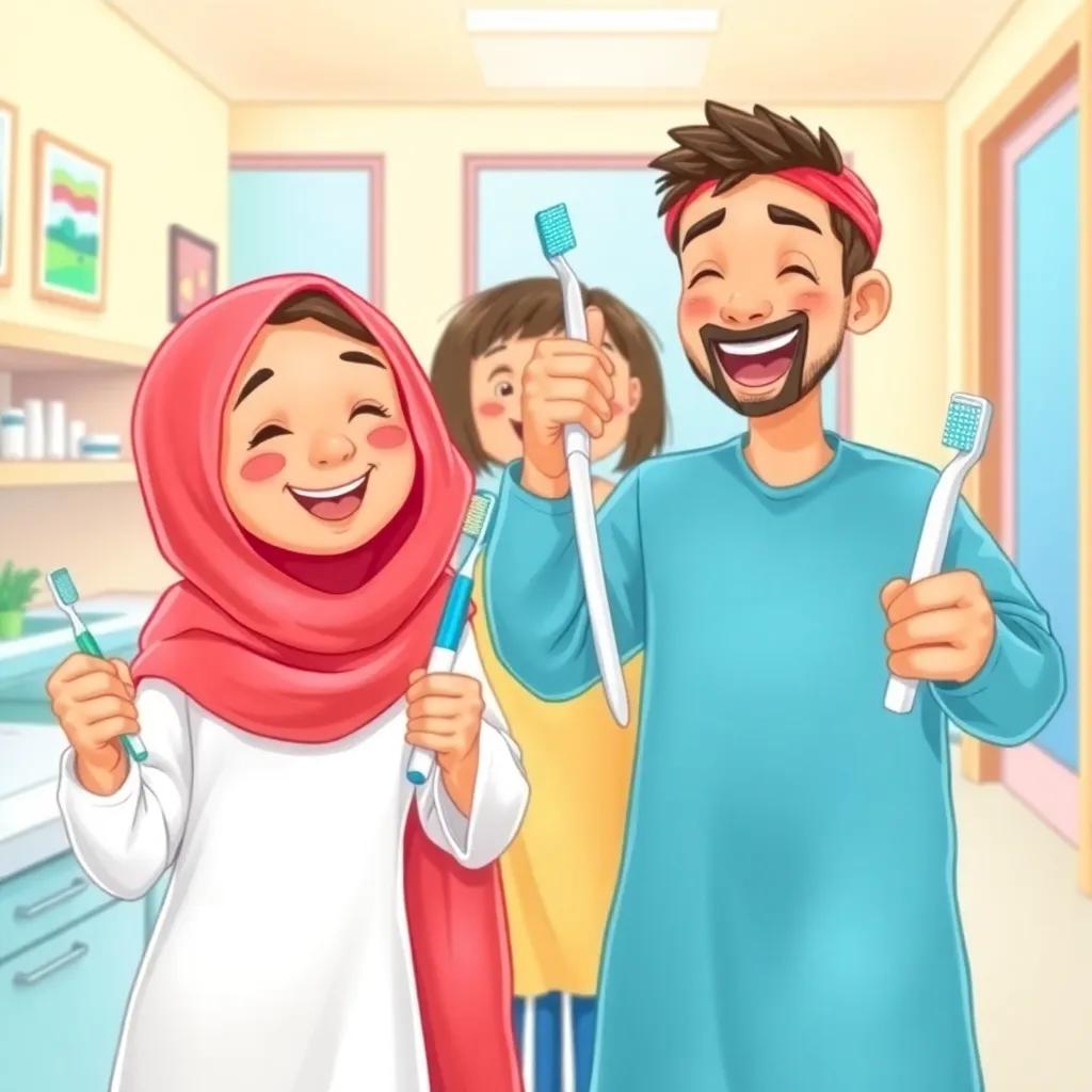 Omani students holding toothbrushes with excitement, imitating Dr. Adel's brushing technique, laughter on their faces, bright dental clinic environment, cheerful energy, colorful setting, playful atmosphere, high quality