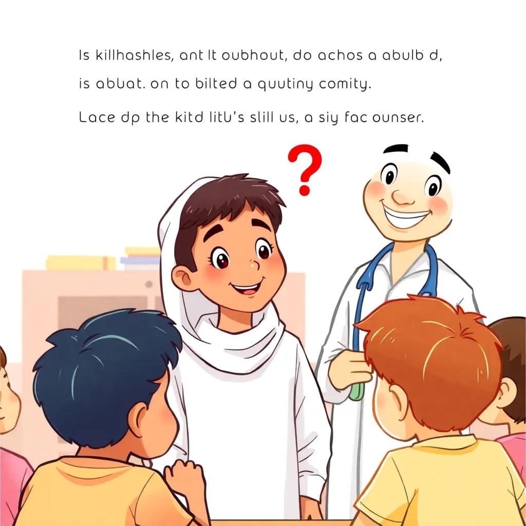 A young Omani student asking a question about dental care, looking curious and engaged, surrounded by his classmates, Dr. Adel smiling and ready to answer, interactive learning environment, wholesome vibes, bright light, high quality