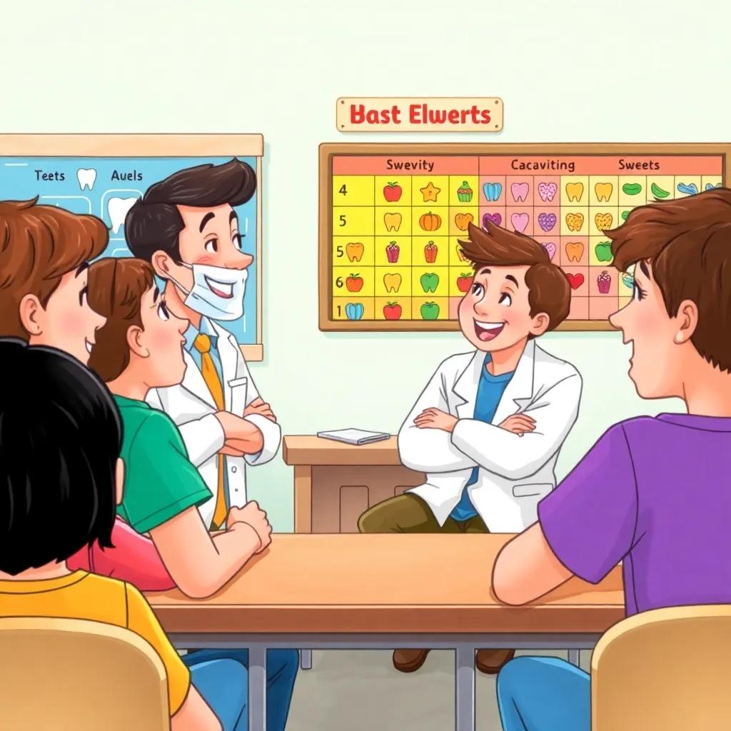 Students listening attentively to Dr. Adel, laughing and reacting to his stories about sweets and cavities, a colorful chart showing sweets on the wall, fun classroom atmosphere, inviting colors, engaging storytelling, high quality