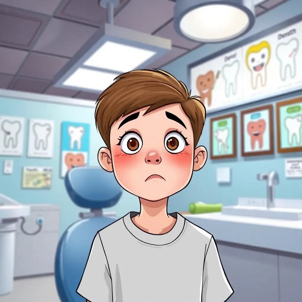 A student looking surprised while learning about the consequences of not brushing teeth, with a concerned expression in a well-lit dental room filled with dental posters, child-friendly graphics, engaging and informative, high quality