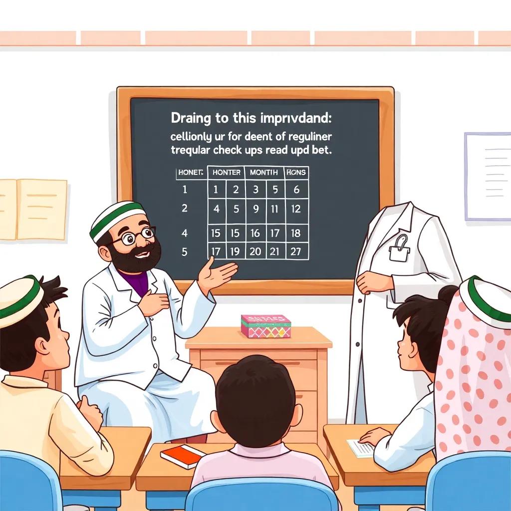 Dr. Adel explaining the importance of regular dental check-ups, with a calendar showing six months in a fun design, Omani students nodding and taking notes, friendly classroom atmosphere, bright and colorful, engaging presentation, high quality