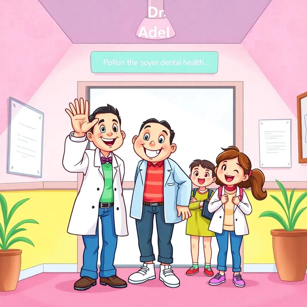 Dr. Adel waving goodbye with a smile, students leaving with enthusiasm in their eyes after a fun learning session about dental health, lively atmosphere, bright colors, engaging setting, high quality