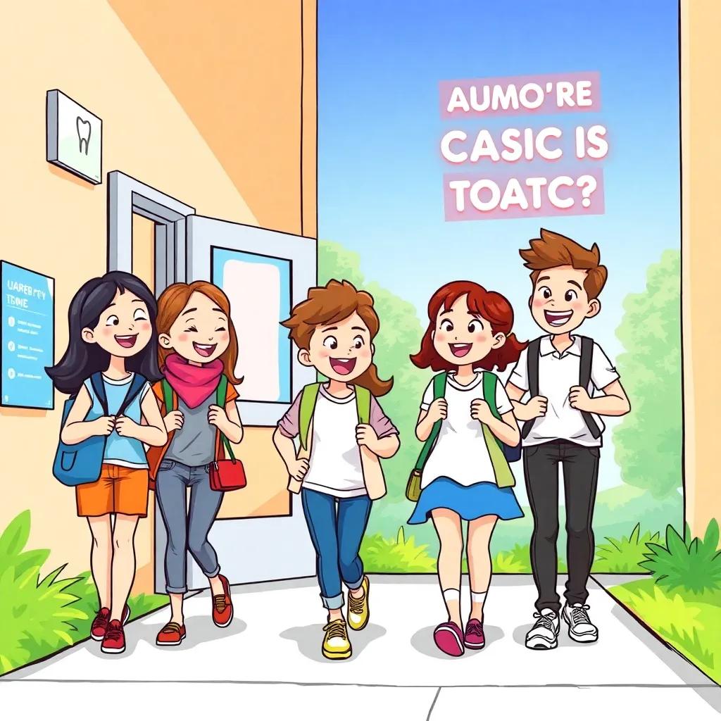 Students excited about taking care of their teeth, discussing amongst themselves happily while walking out of the dental clinic, sunny day outside, vibrant and cheerful energy, high quality