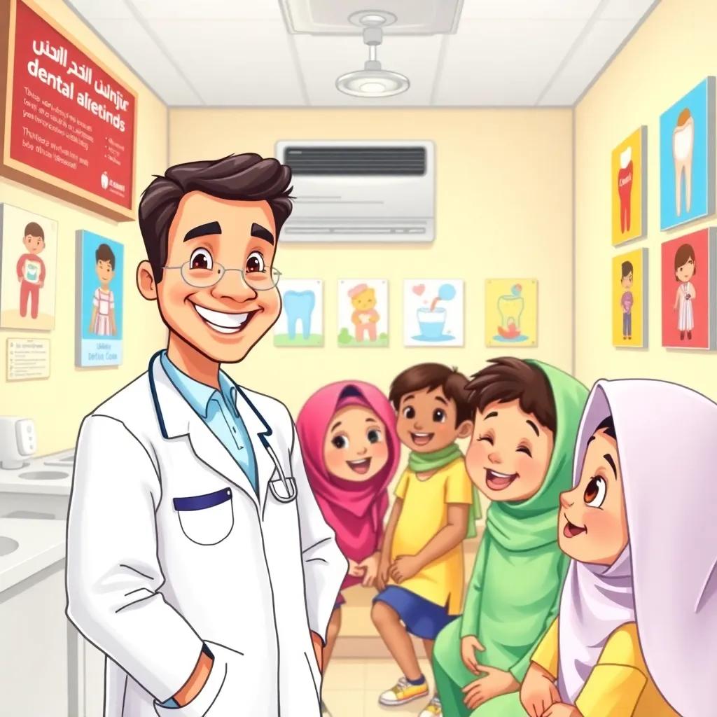 A dentist, Dr. Jamal, smiling warmly at a group of Omani students in his dental clinic, with colorful dental posters on the walls, bright and cheerful atmosphere, digital art, inviting colors, friendly environment, high quality