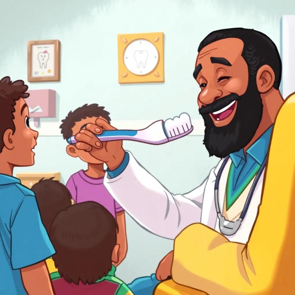 Dr. Jamal demonstrating tooth brushing techniques with a large toothbrush, students watching closely, fun and educational scene, digital painting, bright colors, lively mood, high quality