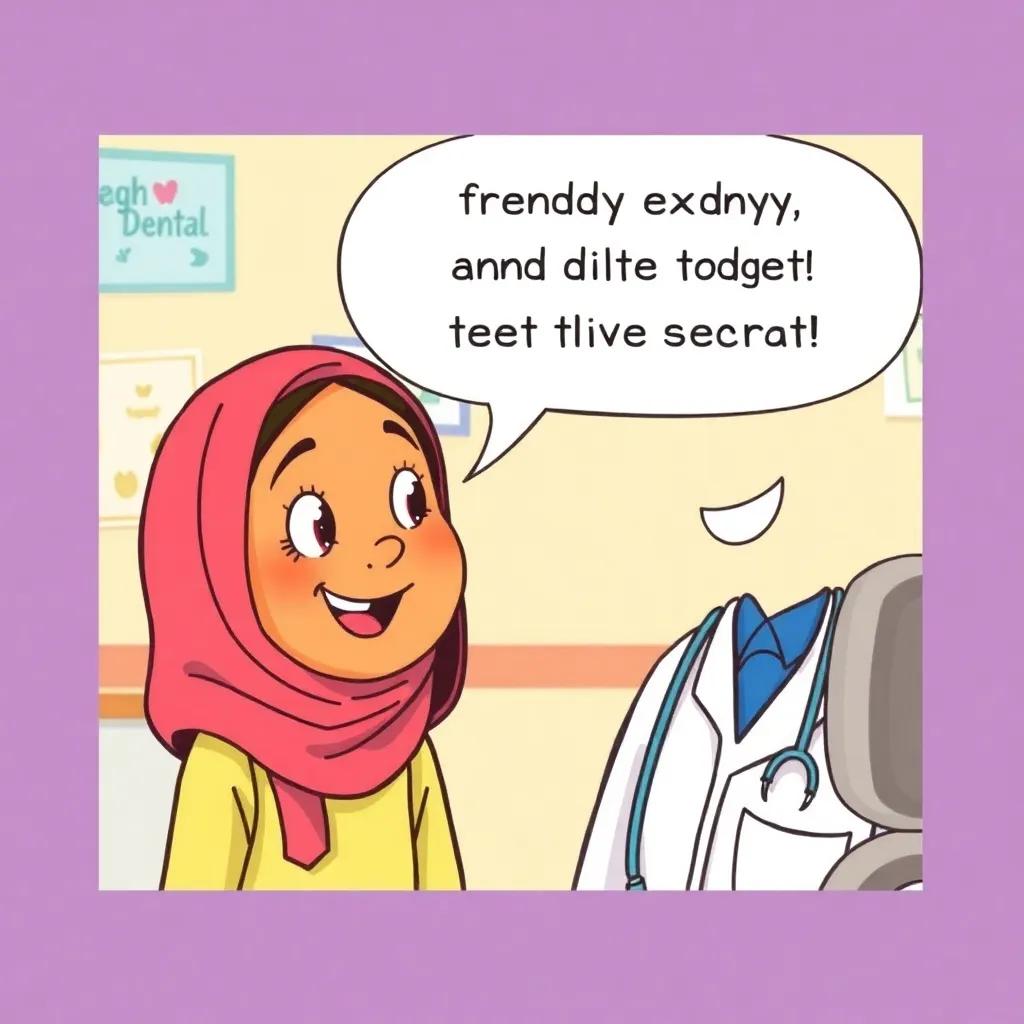 A student, Fatima, asking Dr. Jamal about candy and teeth care, with a playful and curious expression, cheerful dental office background, illustration, colorful palette, friendly atmosphere, engaging