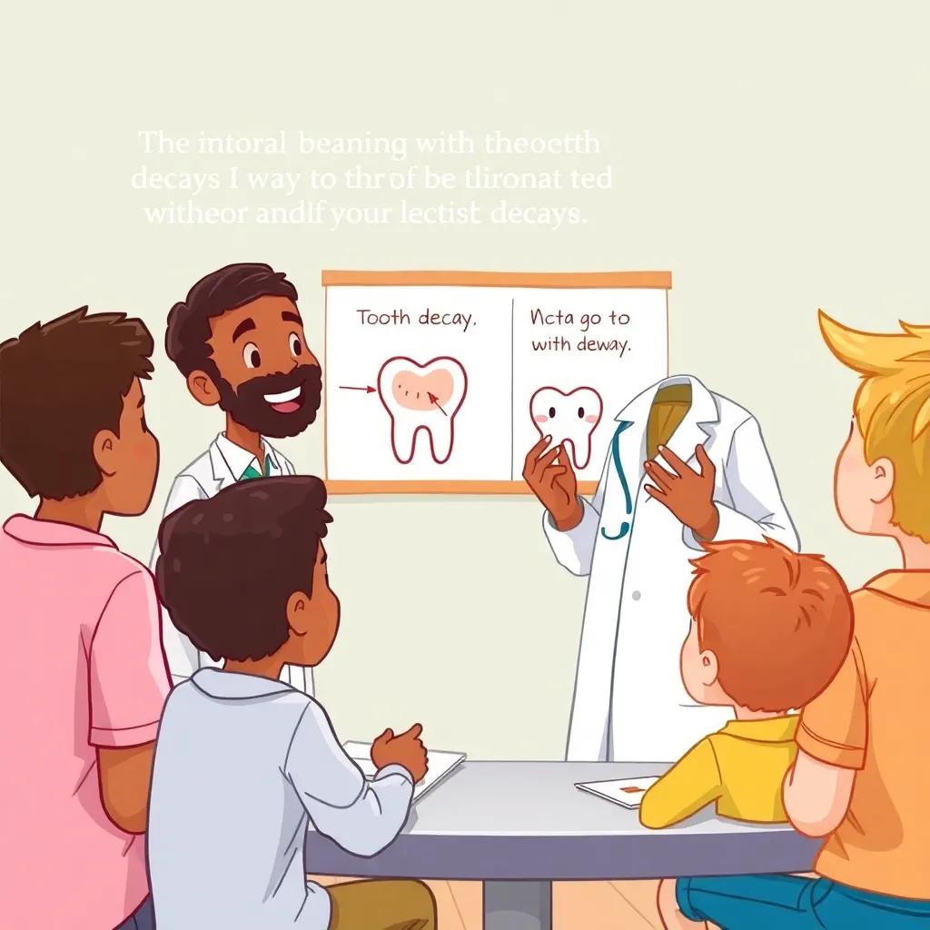 Dr. Jamal explaining tooth decay while showing illustrations to the students, with a concerned but educational tone, interactive learning environment, digital art, warm and inviting colors, educational