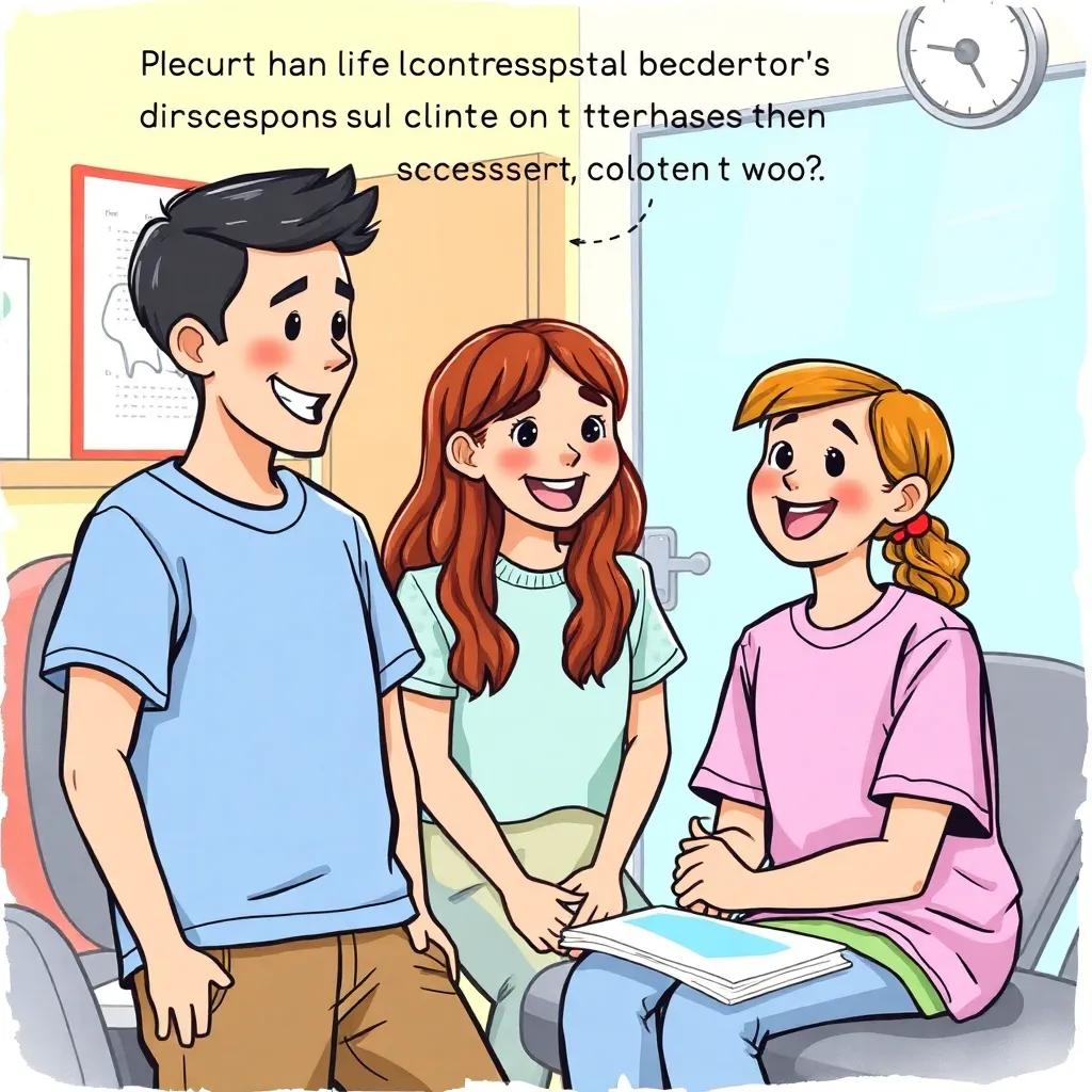 Students discussing dental floss after hearing about it, smiling together in the clinic, excited conversation, illustration, bright and cheerful colors, engaging