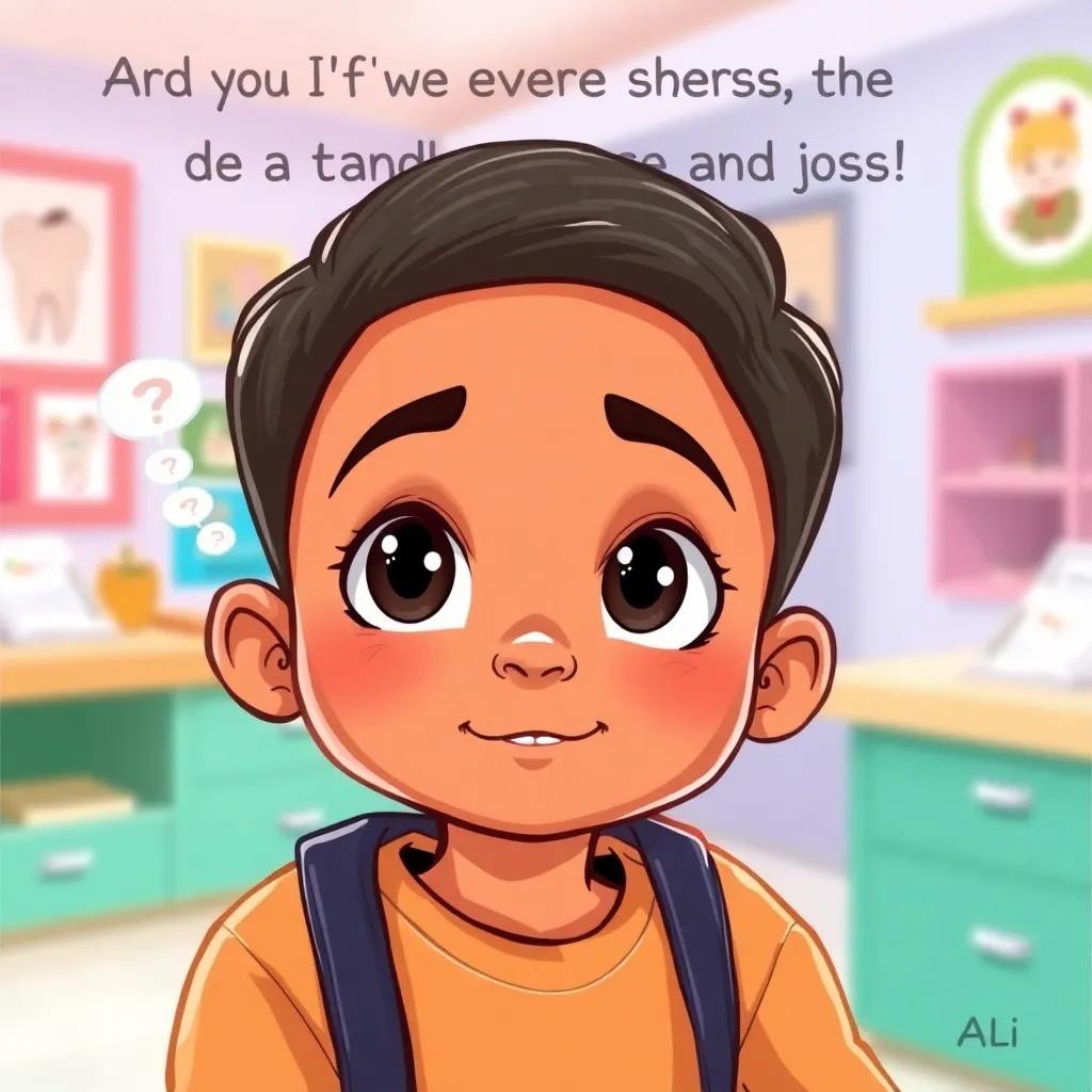 A student, Ali, inquisitively asking about dental check-ups, with a thoughtful expression, digital art, bright colors, learning environment, engaging and friendly