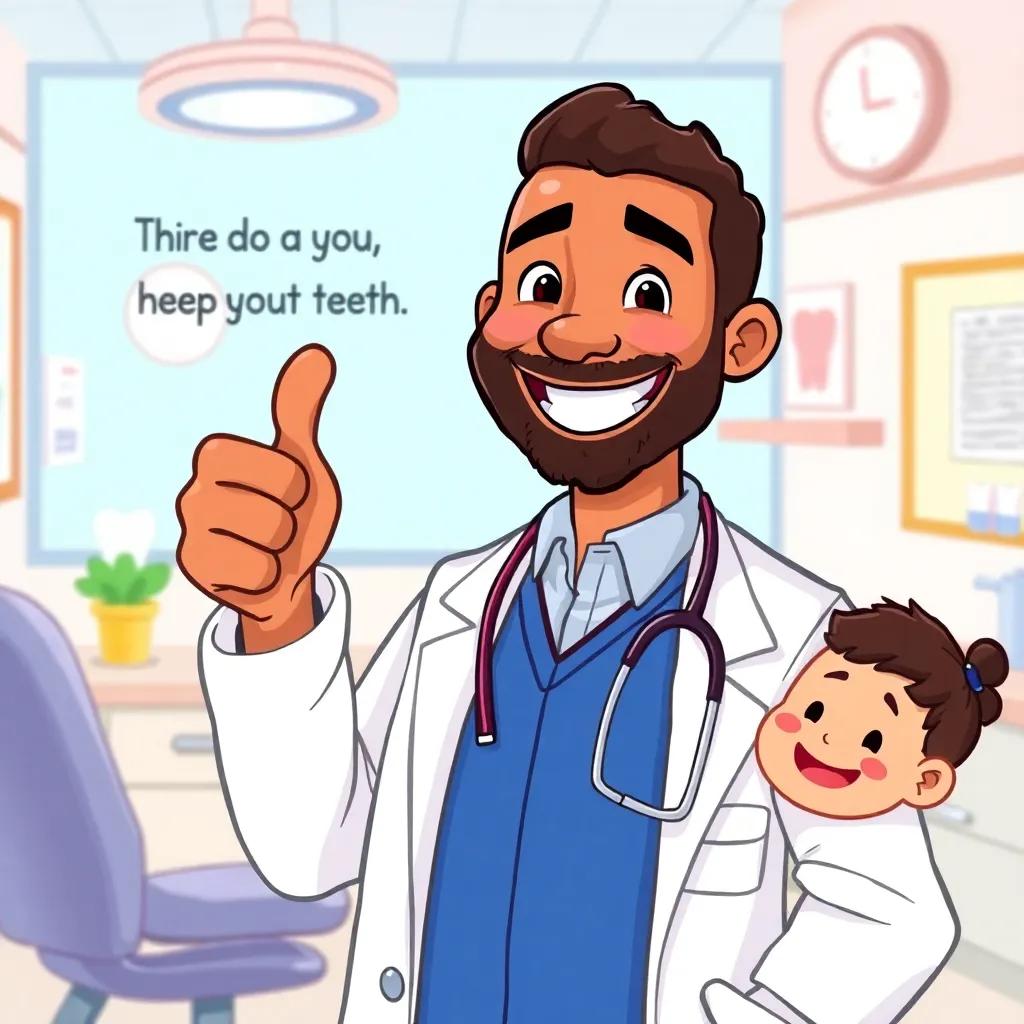 Dr. Jamal smiling and giving a thumbs up while reminding students to keep their teeth clean, cheerful dental office background, illustration, colorful and lively, heartwarming imagery