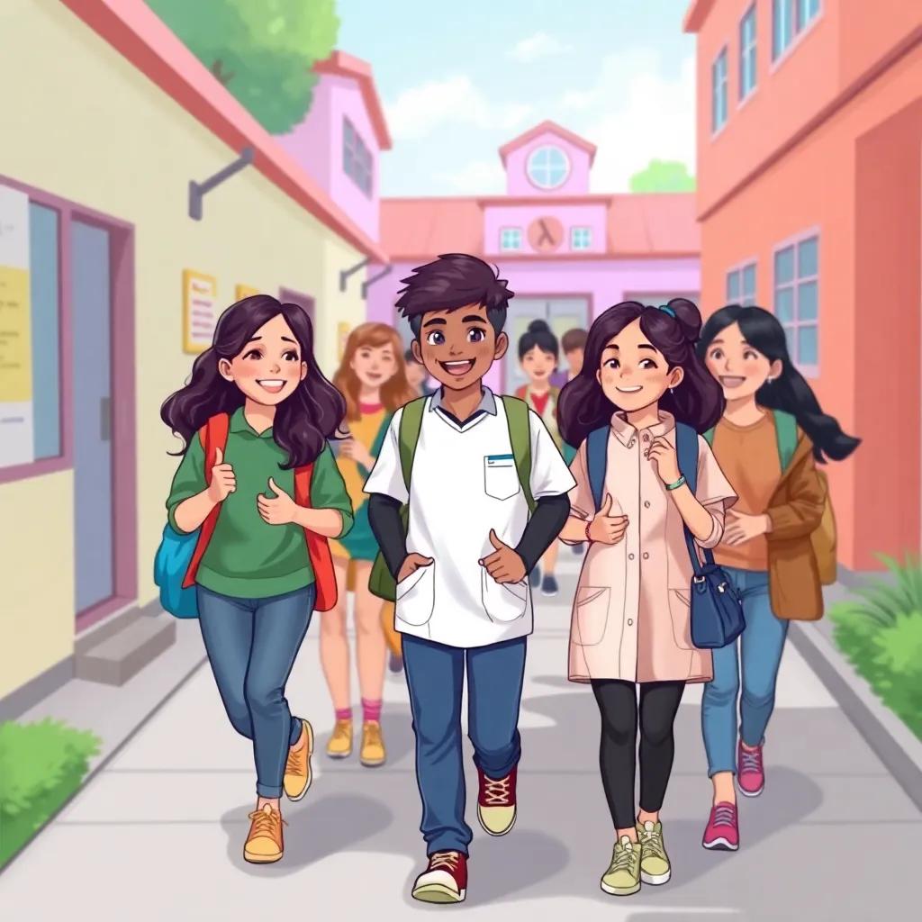 Students leaving the clinic excitedly discussing what they learned, walking together with bright smiles, colorful school background, cheerful atmosphere, digital art, high quality