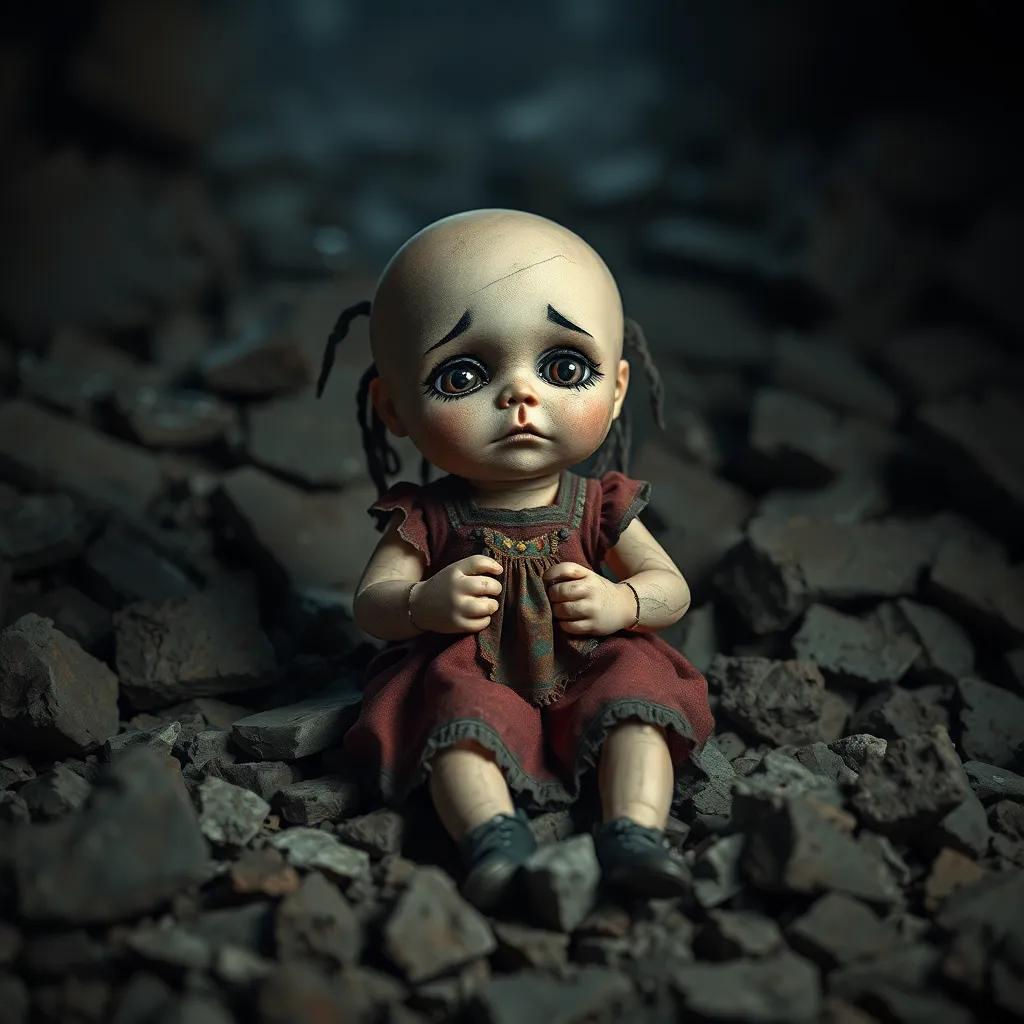 A tattered doll with a sad face, holding a small, colorful dress, sitting in rubble with shadows around, digital art, dark and somber atmosphere, muted colors, reflective perspective, high quality