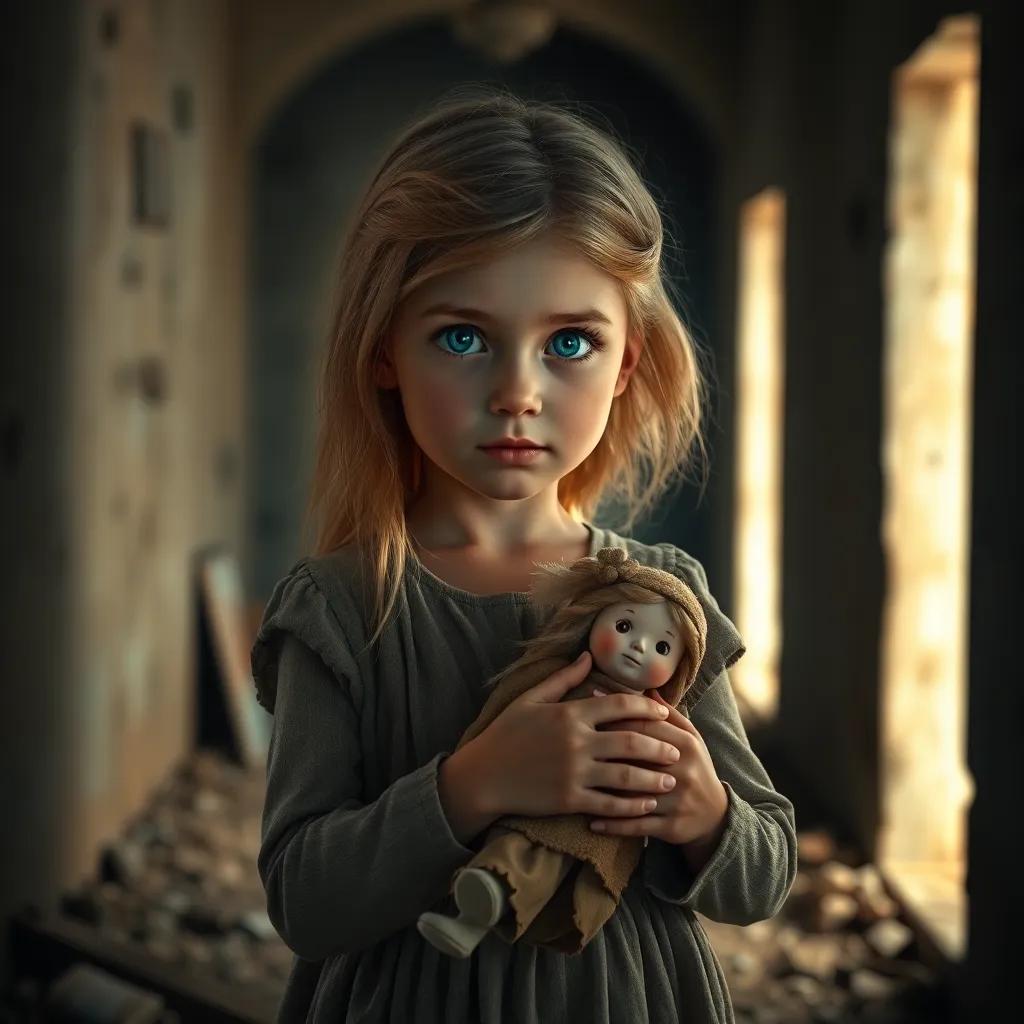A young girl, Noor, with bright blue eyes and golden hair, wearing a simple dress, holding the doll tightly in a ruined room during nighttime, warm light contrasting dark surroundings, emotional depth, high quality